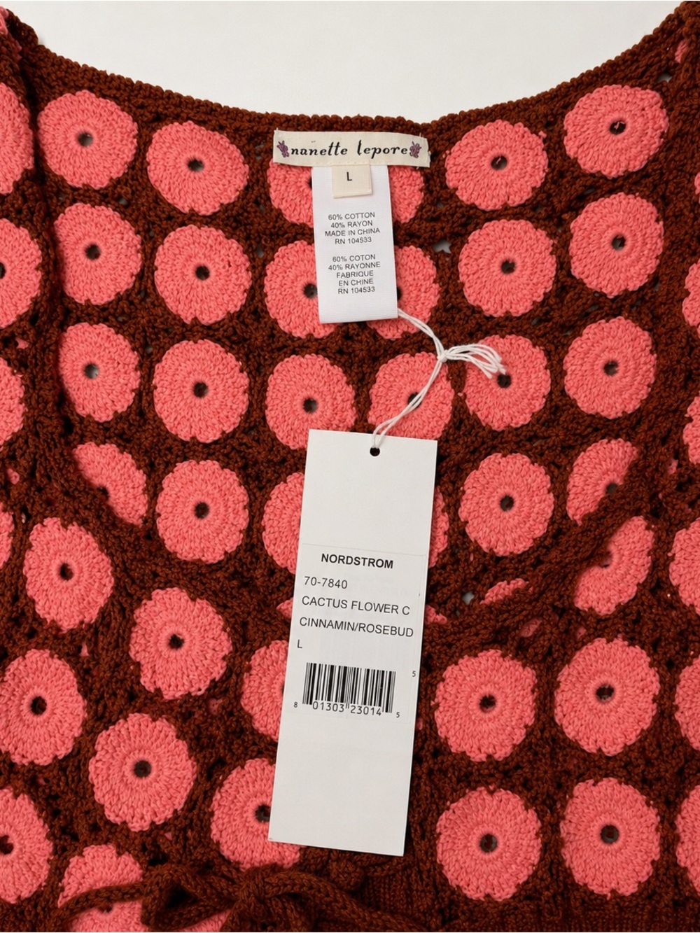 Nanette Lepore Brown Crochet Top with Pink Floral Motifs